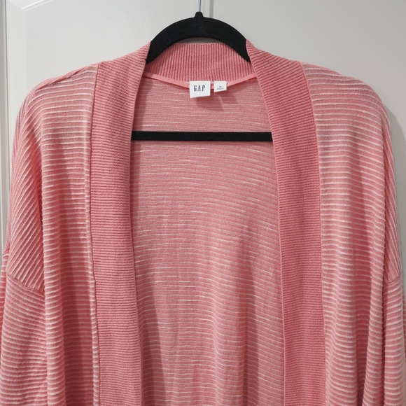 GAP Textured Longline Open-Front Striped Soft Coral Pink Cardigan Sweater, M - Picture 3 of 12